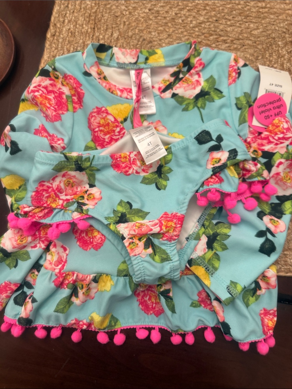 Betsy Johnson Aqua Floral Two-Piece Swim Set with Pink Pom-Poms